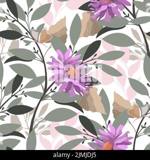 Motif fleuri vectoriel sans coutures. Fleurs violettes avec feuilles grises et beiges sur fond blanc. Illustration de Vecteur