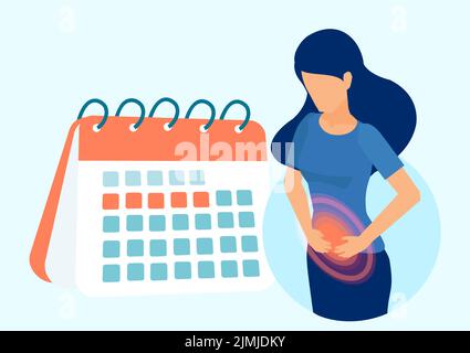 Vecteur d'une jeune femme souffrant de douleurs au bas de l'abdomen et souffrant du syndrome prémenstruel, PMS Illustration de Vecteur