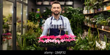 Fleuriste homme d'affaires avec un plateau de fleurs fraîches sur le fond d'un fleuriste Banque D'Images