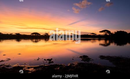 Coucher de soleil au bord d'un lac de piscine d'eau dans la savane d'Afrique du Sud Kwazulu Natal Banque D'Images