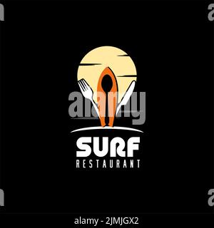 Logo Sun, coutellerie et planche de surf pour le restaurant de la plage Illustration de Vecteur
