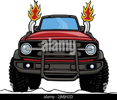 Ce modèle est doté d'un vus 4x4 de dessin animé depuis la vue avant avec des tuyaux d'échappement flammanants. Illustration de Vecteur