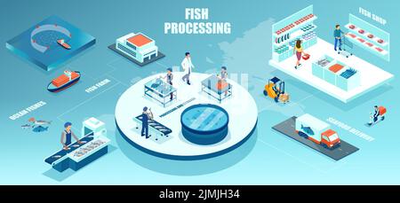 Vecteur isométrique d'une chaîne de distribution de transformation des produits de la mer, de la pêche en bateau à la livraison des produits de la mer à une épicerie Illustration de Vecteur