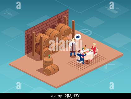 Vecteur d'un jeune couple repas, boire du vin dans une cave restaurant Illustration de Vecteur