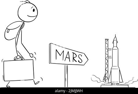 Personne allant à la planète Mars, Rocket est en attente de démarrage, Vector Cartoon Stick Figure Illustration Illustration de Vecteur