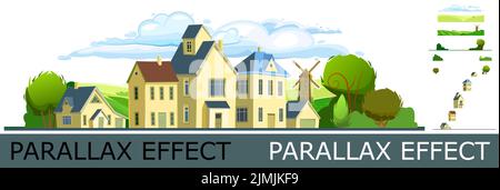 Village. Rue avec maisons. Dessin animé style plat et gai. Image des calques pour une superposition avec effet de parallaxe. Petits cottages suburbains confortables avec arbres Illustration de Vecteur