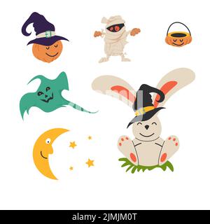 Ensemble d'Halloween citrouille, fantôme, lapin, lune, momie. Illustration de concept avec signe et symbole. Élément de dessin animé à motif plat. Illustration de Vecteur