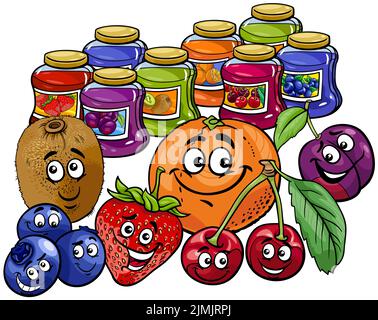 Drôle de dessin animé fruits et confitures dans des pots ensemble Banque D'Images