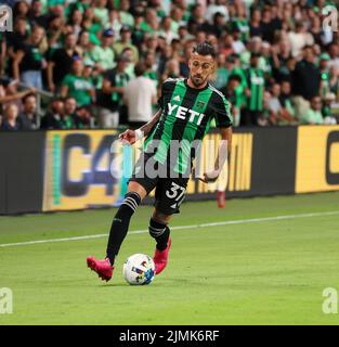 Austin, Texas, États-Unis. 6th août 2022. Le FC d'Austin avance Maximiliano Urruti (37) lors d'un match de football de grande ligue contre les tremblements de terre de San José sur 6 août 2022 à Austin, Texas. La comparaison s'est terminée dans un tirage 3-3. (Image de crédit : © Scott Coleman/ZUMA Press Wire) Banque D'Images