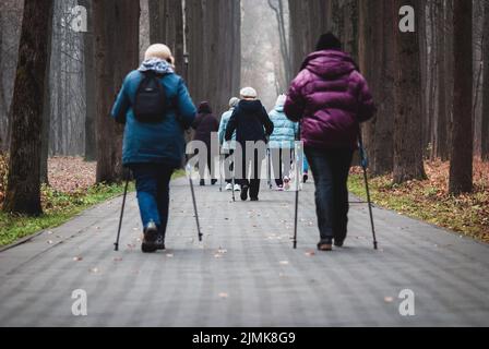 La marche de poteau pour les aînés, groupe de femmes marche pour une bonne santé dans le parc Banque D'Images