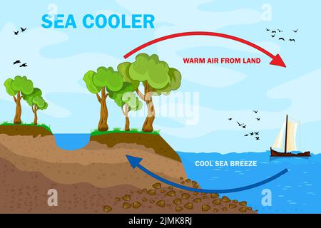Affiche scientifique pour la brise marine et terrestre. Jeu de vent de rivage. Mouvement de l'air avec diagramme de circulation d'air chaud et froid. Cause météorologique locale Illustration de Vecteur