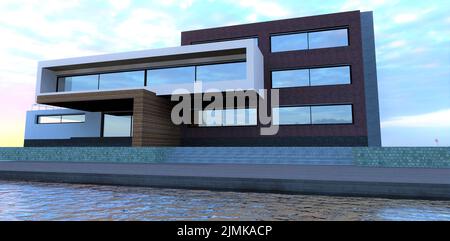 Un petit bureau moderne de type club sur la rive d'un lac artificiel. Façade décoration brique rouge foncé. Panneau de façade de porche. 3d rendu. Banque D'Images