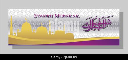 Bannière islamique avec silhouette de mosquée et calligraphie arabe Syahru Ramadan Traduction (Ramadan enchantera) avec des couleurs or et violet Illustration de Vecteur