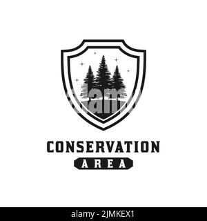 Arbre de pin avec logo Shield pour forêt protégée, ou source d'inspiration pour le design de la réserve naturelle Illustration de Vecteur