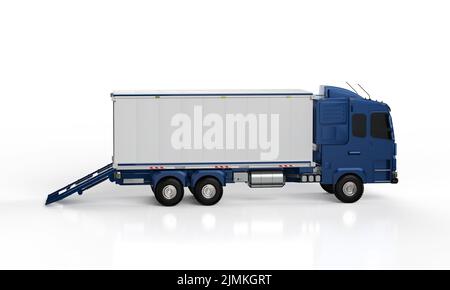 3d camion de remorque logistique de rendu ou camion avec conteneur ouvert sur fond blanc Banque D'Images