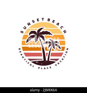 Sunset Beach Palm Tree vacances logo design Illustration de Vecteur