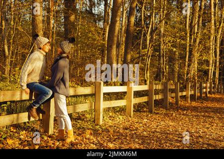 Jeune couple dans le parc à l'automne ensoleillé Banque D'Images