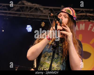 Sam Wood, Banjo, Mandolin, Bouzouki, Guitare acoustique, Le joueur de sifflets et d'accordéon avec le groupe populaire britannique Ferocious Dog joue en direct sur scène au festival de Wickham. Ferocious Dog est un groupe de six musiciens qui s'occupe d'une veine vibrante de punk rock infusé par le peuple celtique, qui s'enjambe confortablement entre Billy Bragg et The Levelers. Le groupe a des visites guidées du Royaume-Uni et de l'Europe, au Kenya et à Dubaï, des festivals comme Bearded Theory, Alchemy, Deerstock, Farmer Phil Festival, Splendor, Lowlands (pays-Bas), Festival de Glastonbury et beaux jours parmi beaucoup d'autres. (Photo par Dawn Fletcher- Banque D'Images