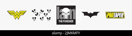 Le logo Punisher, LE logo WONDER WOMAN, le logo Mickey Mouse, le logo Batman, le logo Pro Taper. Illustration du logo vectoriel Arts and Design. Illustration de Vecteur