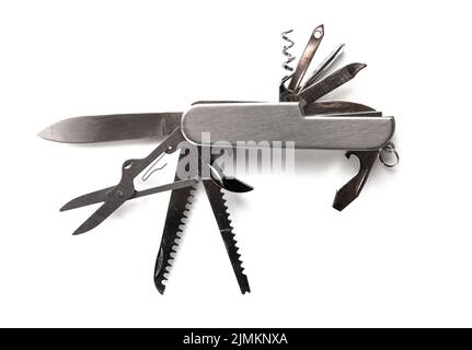 Couteau suisse métallique isolé sur blanc Banque D'Images
