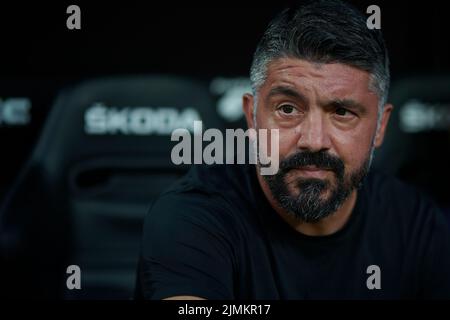 Valence, Espagne. 6th août 2022. Gennaro Gattuso, entraîneur en chef de Valence, réagit lors du match du Trophée Orange entre Valencia CF d'Espagne et Atalanta d'Italie à Valence, Espagne, le 6 août 2022. Crédit: Pablo Morano/Xinhua/Alay Live News Banque D'Images