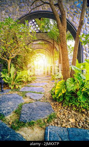 jardin avec entrée naturelle et rayons de soleil, portes magiques dans une fabuleuse forêt verte Banque D'Images