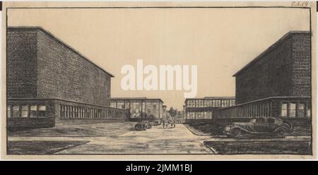 Poelzig Hans (1869-1936), studio de cinéma sonore, Berlin-Gatow (1930) : vue en perspective à l'intérieur du complexe. Charbon sur transparent, 54,6 x 108,5 cm (y compris les bords du balayage) Banque D'Images