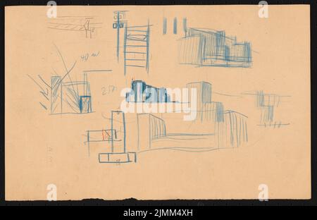 Poelzig Hans (1869-1936), I.G.-Colors à Francfort-sur-le-main-Höchst. Bâtiment de transport maritime (1934) : plan d'étage, vues en perspective (également à l'arrière). Crayon de couleur sur papier, 22,2 x 34,3 cm (y compris les bords de numérisation) Banque D'Images