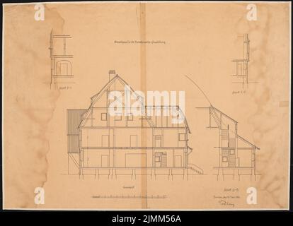 Poelzig Hans (1869-1936), exposition artistique et commerciale 1904 à Wroclaw. Maison unifamiliale (15 mars 1904): Coupe transversale, 3 coupes partielles 1:50. Cassure légère sur le papier, 70 x 96,6 cm (y compris les bords de numérisation) Banque D'Images