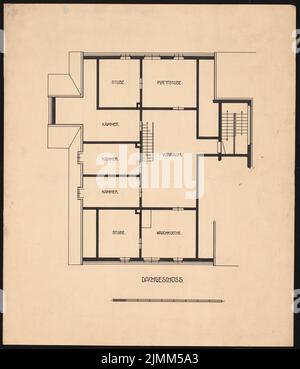 Poelzig Hans (1869-1936), exposition artistique et commerciale 1904 à Wroclaw. Maison individuelle familiale (1904): Plan d'étage dernier étage 1:50. Encre sur carton, 58 x 49,8 cm (y compris les bords de numérisation) Banque D'Images