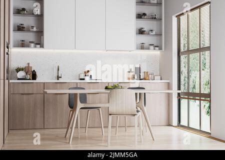 Intérieur moderne de cuisine avec armoires en bois et blanc, table à manger et ustensiles de cuisine, rendu 3D Banque D'Images
