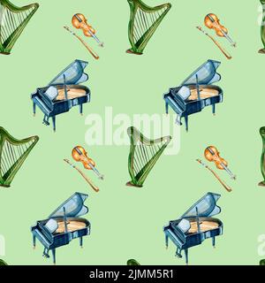 Piano, violon et harpe aquarelle avec motif sans couture sur le vert. Illustration d'instruments de musique classique à cordes dessinés à la main. Elément de conception pour textb Banque D'Images