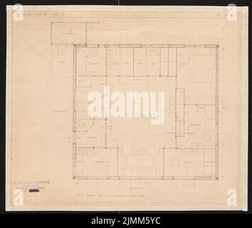 Poelzig Hans (1869-1936), Holzhaus pour Deutsche Werkstätten AG, Dresden-Hellerau (1921): Plan d'étage, voir Holzhaus No. 7 1:50; Verso: Voir. Cassure légère sur le papier, 29,5 x 34,8 cm (y compris les bords de numérisation) Banque D'Images