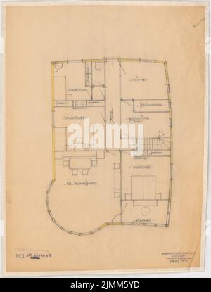 Poelzig Hans (1869-1936), Holzhaus pour Deutsche Werkstätten AG, Dresden-Hellerau (1921): Plan de plancher asymétrique sans désignation. Crayon sur transparent, 44,3 x 33,7 cm (y compris les bords de numérisation) Banque D'Images