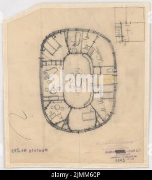 Poelzig Hans (1869-1936), Holzhaus Esslen pour Deutsche Werkstätten AG, Dresden-Hellerau (1921): Plan de plancher ovale sans désignation. Crayon sur transparent, 24,9 x 22,4 cm (y compris les bords de numérisation) Banque D'Images