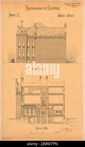 Hoffmann Emil (1845-1901), hôpital de district d'Innerburg. Compétition mensuelle novembre 1885 (11,1885) : vue latérale du RISS, coupe transversale ; barre d'échelle. Encre sur transparent, 56,3 x 34 cm (y compris les bords de numérisation) Banque D'Images