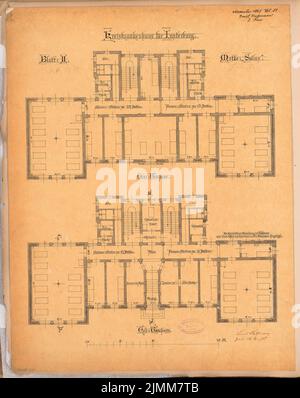 Hoffmann Emil (1845-1901), hôpital de district d'Innerburg. Compétition mensuelle du 1885 novembre (11,1885) : plan d'étage rez-de-chaussée, étage supérieur ; barre d'échelle. Tuche aquarelle sur transparent, 57,7 x 45,8 cm (y compris les bords du balayage) Banque D'Images