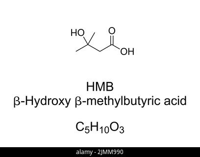 HMB, acide bêta-hydroxy-bêta-méthylbutyrique, formule chimique. Substance produite naturellement, utilisée comme supplément alimentaire, et ingrédient alimentaire médical. Banque D'Images