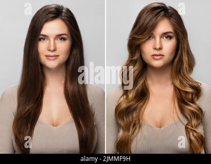 Résultat du relooking. Femme avec un beau cheveux après la teinture et le style. Banque D'Images