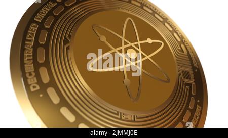 La crypto-monnaie d'or de Cosmos ATOM signe isolé sur un fond blanc Banque D'Images