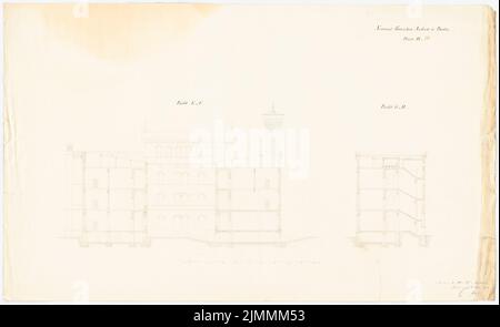 Stein Theodor August (1802-1876), Evangelical Deaconess Hospital Bethanien à Berlin-Kreuzberg (17.12.1844): 3rd conception: 2 coupes transversales. Tuche aquarelle sur la boîte, 61 x 99,6 cm (y compris les bords de numérisation) Banque D'Images