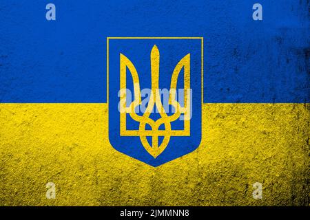 Drapeau national ukrainien avec armoiries de l'Ukraine tryzub. Grunge l'arrière-plan Banque D'Images