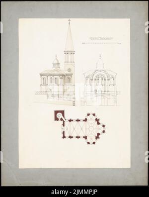 Orth August (1828-1901), église, Bethléem (1892): Plan d'étage, vue, coupe. Encre, crayon, couleur encre, aquarelle sur papier, 83,8 x 66,9 cm (y compris les bords de numérisation) Banque D'Images