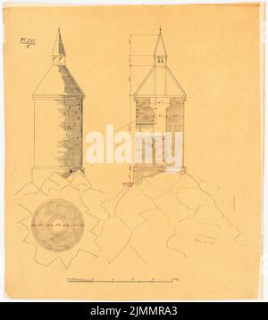 Orth August (1828-1901), Château du Dr. Strousberg, Zbirow. Conversion (1869-1869): Bergfried: Vue, coupe. Encre, couleur de l'encre, aquarelle sur transparent, 63,8 x 56,5 cm (y compris les bords de numérisation) Banque D'Images