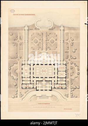 Boethke Julius (1864-1907), maison d'entreprise (1906): Plan d'étage rez-de-chaussée (avec installations extérieures) 1: 200. Tuche aquarelle sur la boîte, 113,9 x 84,1 cm (y compris les bords de numérisation) Banque D'Images