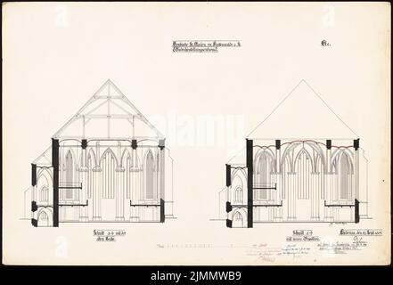 DIMM Ludwig (1849-1928), cathédrale de Saint-Marien, Fürstenwalde/Spree. Restauration. (04/20/1907): 1. Projet de restauration, 2 coupes avec couverture d'autel et nouvelle voûte. Aquarelle sur la boîte, 59 x 86,9 cm (y compris les bords de numérisation) Banque D'Images