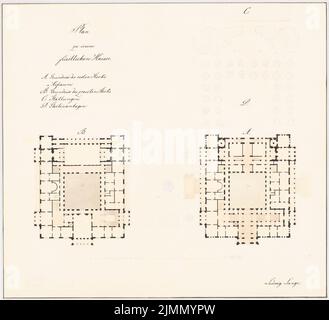 Lange Ludwig (1808-1868), bâtiment résidentiel du Prince pour le Wittelsbacher à Munich (1843): Avant-projet, plan d'étage 1st et 2nd étages, jardin. Verso: Acropole vu de Philopapos. Tuche aquarelle sur la boîte, 43 x 47,2 cm (y compris les bords de numérisation) Banque D'Images