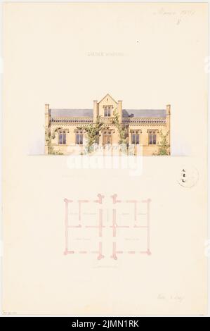 Architecte inconnu, maison de jardinier dans un parc princier. Compétition mensuelle du 1861 mars (03,1861) : plan d'étage rez-de-chaussée, vue avant de la jupe; barre d'échelle. Aquarelle crayon sur la boîte, 47 x 31,2 cm (y compris les bords de numérisation) Banque D'Images