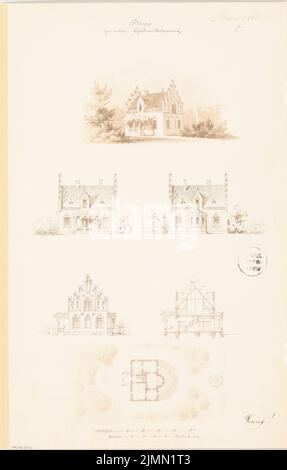 Architecte inconnu, maison de jardinier dans un parc princier. Compétition mensuelle du 1861 mars (03,1861) : plan d'étage au rez-de-chaussée, vue avant de l'agitation, vue latérale, vue arrière, coupe transversale, vue en perspective ; 2 bandes d'échelle. Tuche aquarelle sur papier, 52,7 x 33,6 cm (y compris les bords de numérisation) Banque D'Images