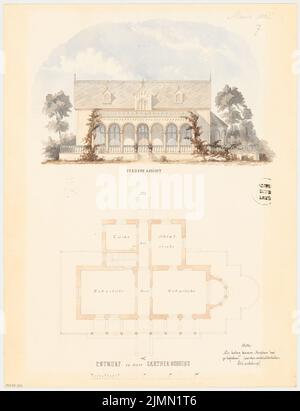 Architecte inconnu, maison de jardinier dans un parc princier. Compétition mensuelle du 1861 mars (03,1861) : plan d'étage rez-de-chaussée, vue avant de la jupe; barre d'échelle. Aquarelle de l'encre et du crayon sur la boîte, 49,5 x 38 cm (y compris les bords de numérisation) Banque D'Images